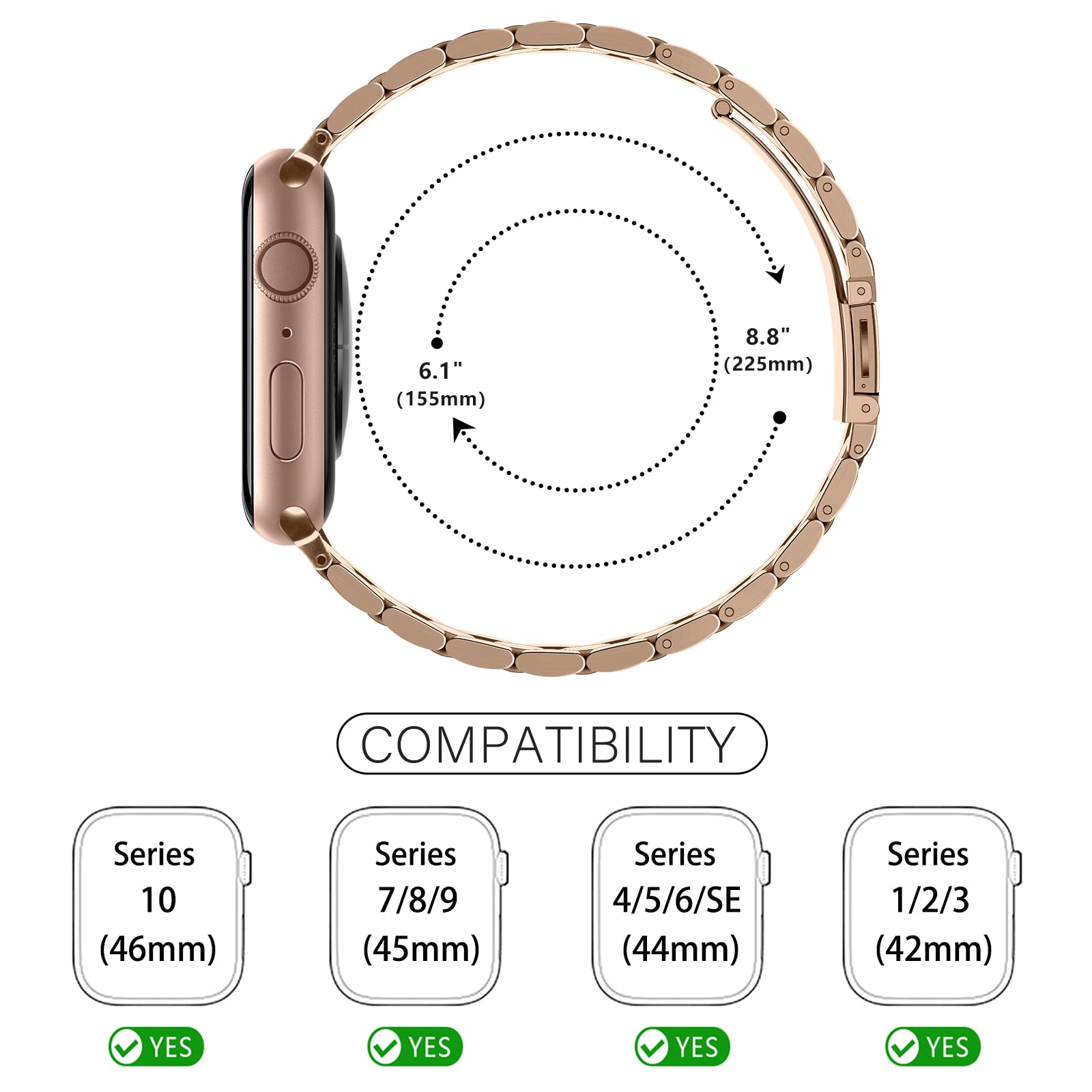 Tasikar Cinturino in metallo compatibile con Apple Watch 46mm (serie 10) 45mm 44mm 42mm Cinturino in acciaio inossidabile compatibile con Apple Watch SE serie 10 9 8 7 6 5 4 3, Oro rosa