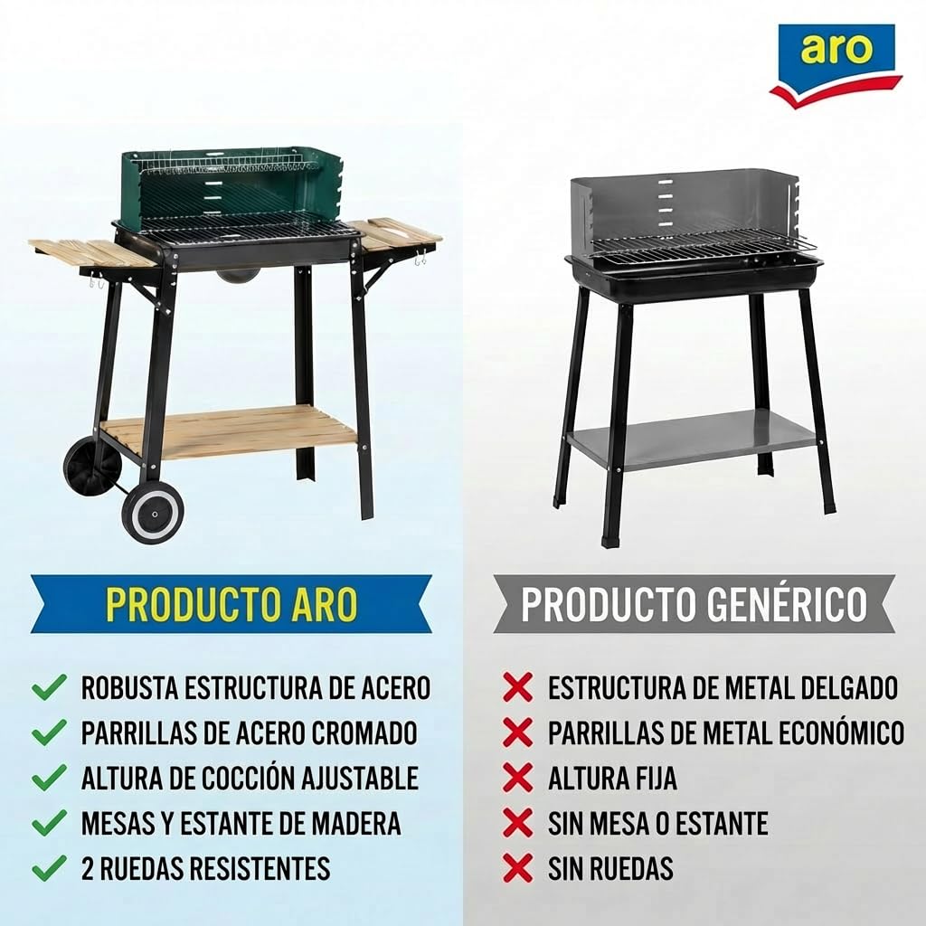 aro Barbacoa de Carbón con Ruedas, Acero/Madera, 2 rejillas, 2 mesas Auxiliares, Asas de Madera, Protector de Viento, Verde