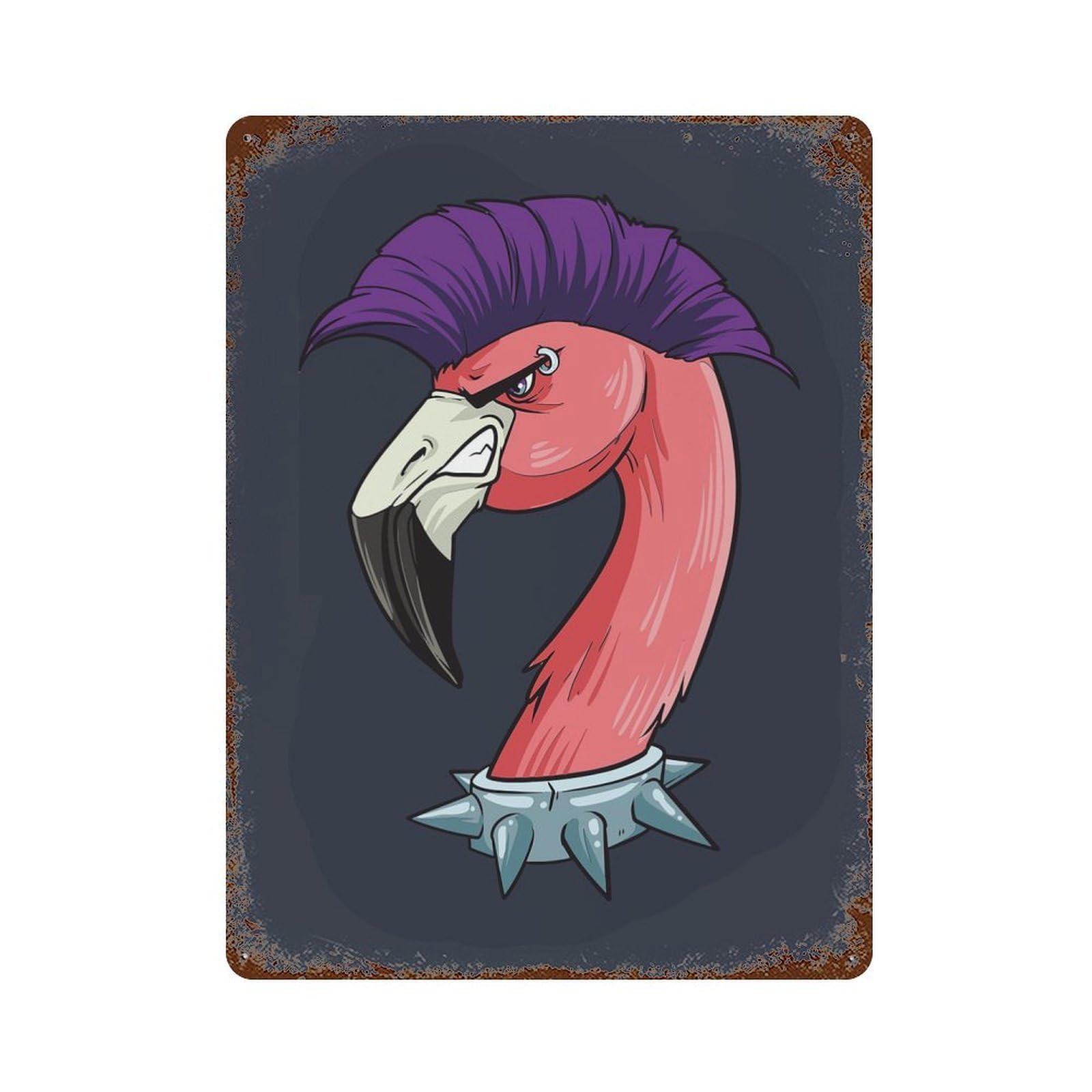 Weathered Tin Sign with Punk Flamingo Design 15.7"x11.8", for Office, Studio And Wall Decor, Retro Wall Decor