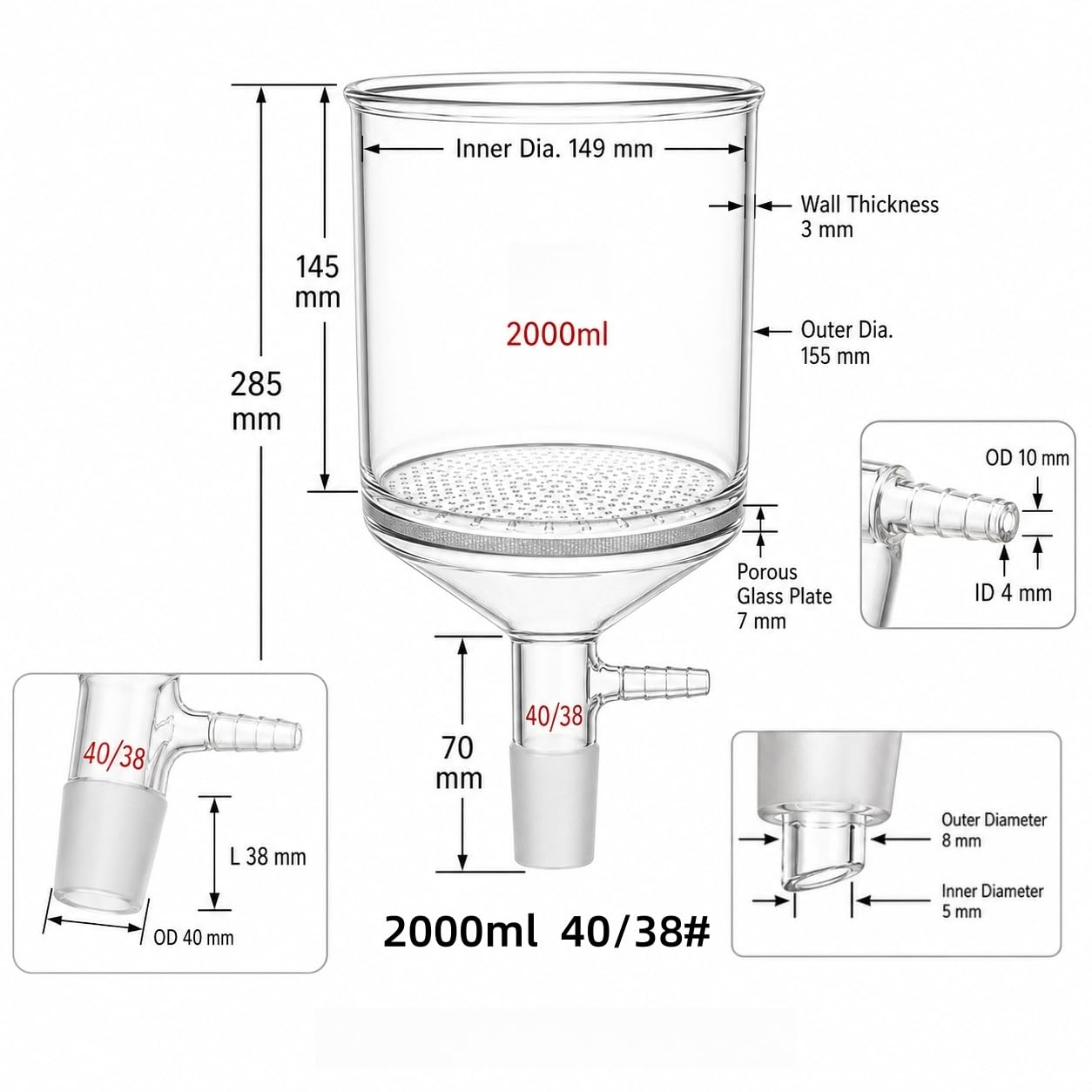 Lejek Büchnera Porowata Płytka Szkło Borokrzemowe Próżnia Lab-40/38# 2000ml