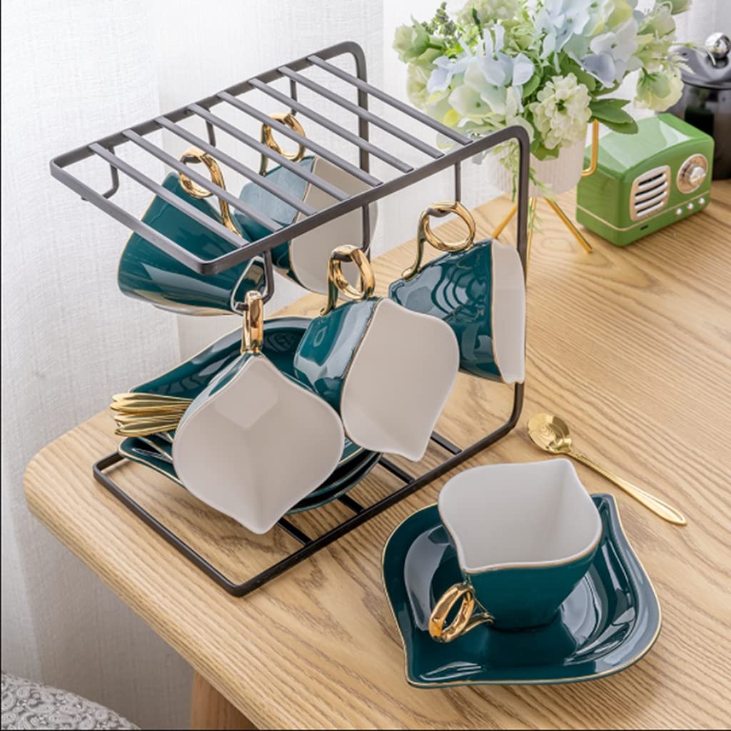 Juego de Tazas de té con Forma de rombo y Cuchara, Tazas de Porcelana con platillos, Soporte de Metal para café, té y café.