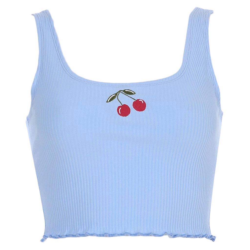 YUNDAN Women Cami Crop Tank Top Casual Cherry Printed Summer Sleeveless Short Blouse