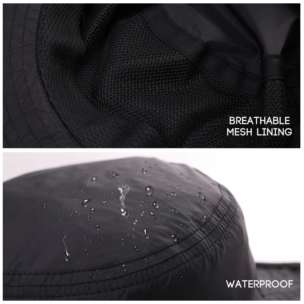 Comhats Chapeaux de soleil UPF 50 à large bord - Maille d'été - Protection UV - Chapeau safari pour la pêche, la randonnée - Chapeaux de boonie avec mentonnière - Imperméable et respirant, 00702_Noir,