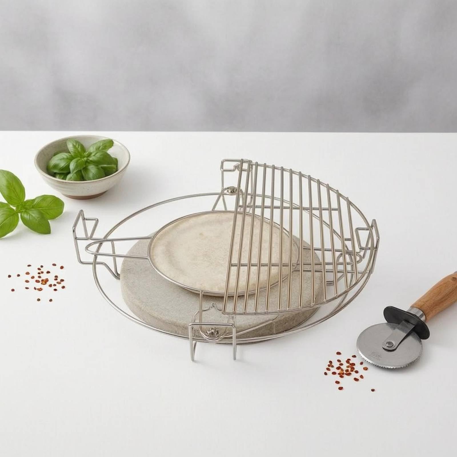 Qianly Pizzastein Grill Pizzaplatte Backstein Backplatte mit Griffigem Edelstahlrahmen aus Cordierit für Einfache Entnahme Und Gleichmäßiges Rösten für grill, 16 Zoll