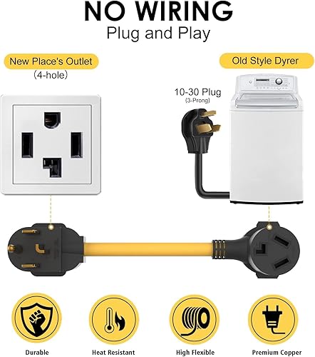 Miniatura 2 de M1A2 Adaptador de secadora de 4 clavijas a 3 clavijas, secadora más antigua a casa más reciente de 1 pie 30 amperios con cable de tierra de