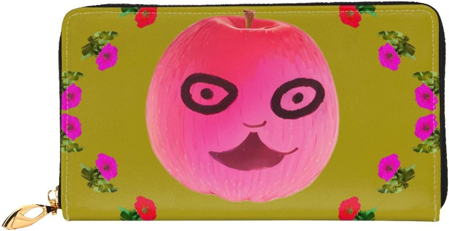 Funny Face Peach Leather wallet. Stylish, women's, with multiple card slots, cash and coin compartments, and a secure zip closure.