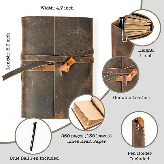Hakiki Deri Defter Günlük Erkekler ve Kadınlar İçin 260 Kraft Çizgisiz Sayfalar El Yapımı Vintage Kahverengi 5x7 inch A6 Boyutunda