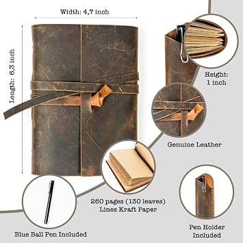Hakiki Deri Defter Günlük Erkekler ve Kadınlar İçin 260 Kraft Çizgisiz Sayfalar El Yapımı Vintage Kahverengi 5x7 inch A6 Boyutunda