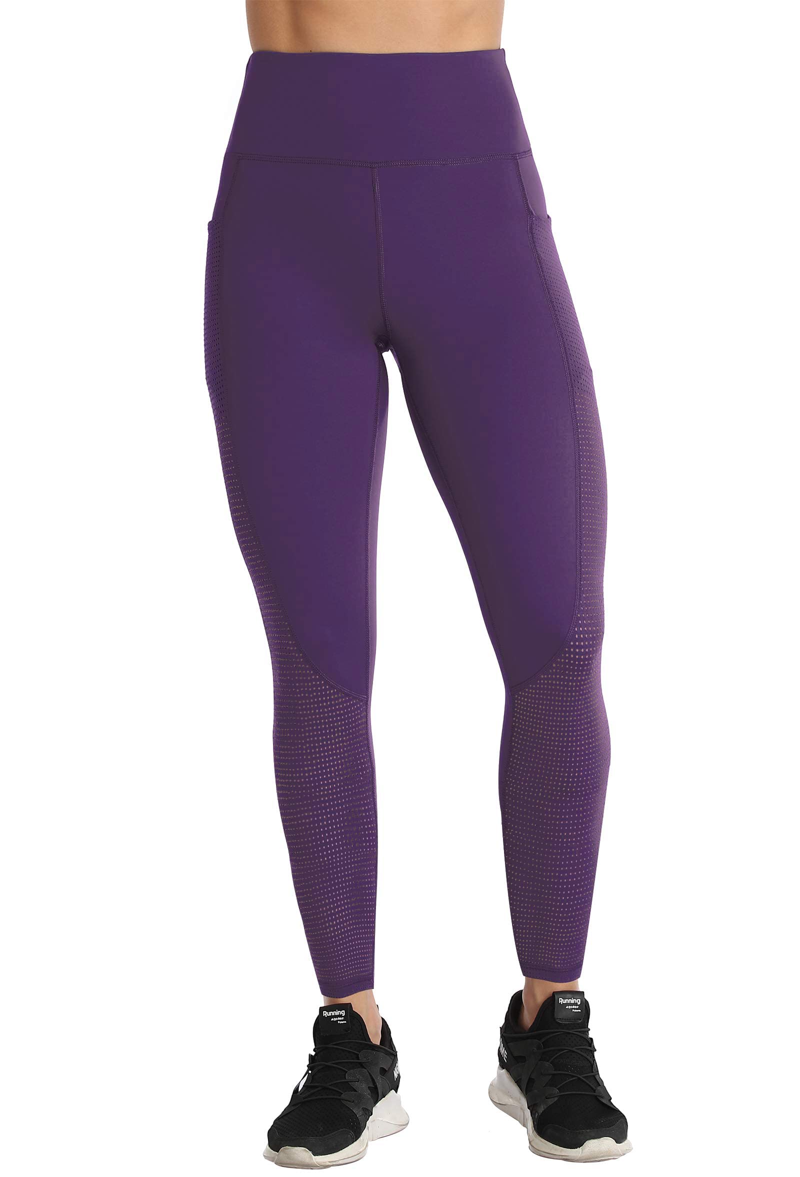 RAYPOSE Women's Workout Leggings for Women with Pockets Gym High Waisted Yoga Pants Plus Size with Mesh Cut Out Dark Purple-L