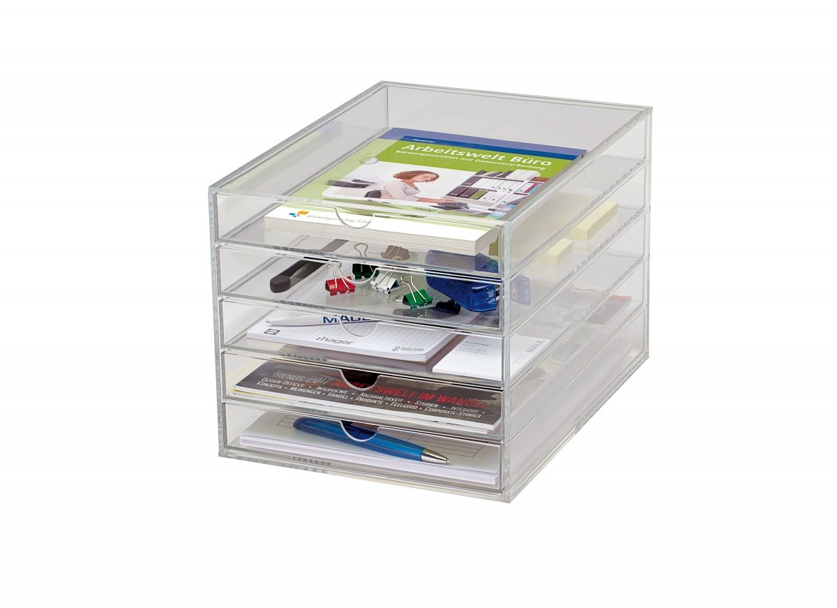 MAUL Boîte à Tiroirs A4 en Acrylique, Organiseur de Bureau avec 5 Compartiments pour le Rangement de Papier, Facture, Documents, Empilable sur le Bureau ou l'Étagère, Transparent