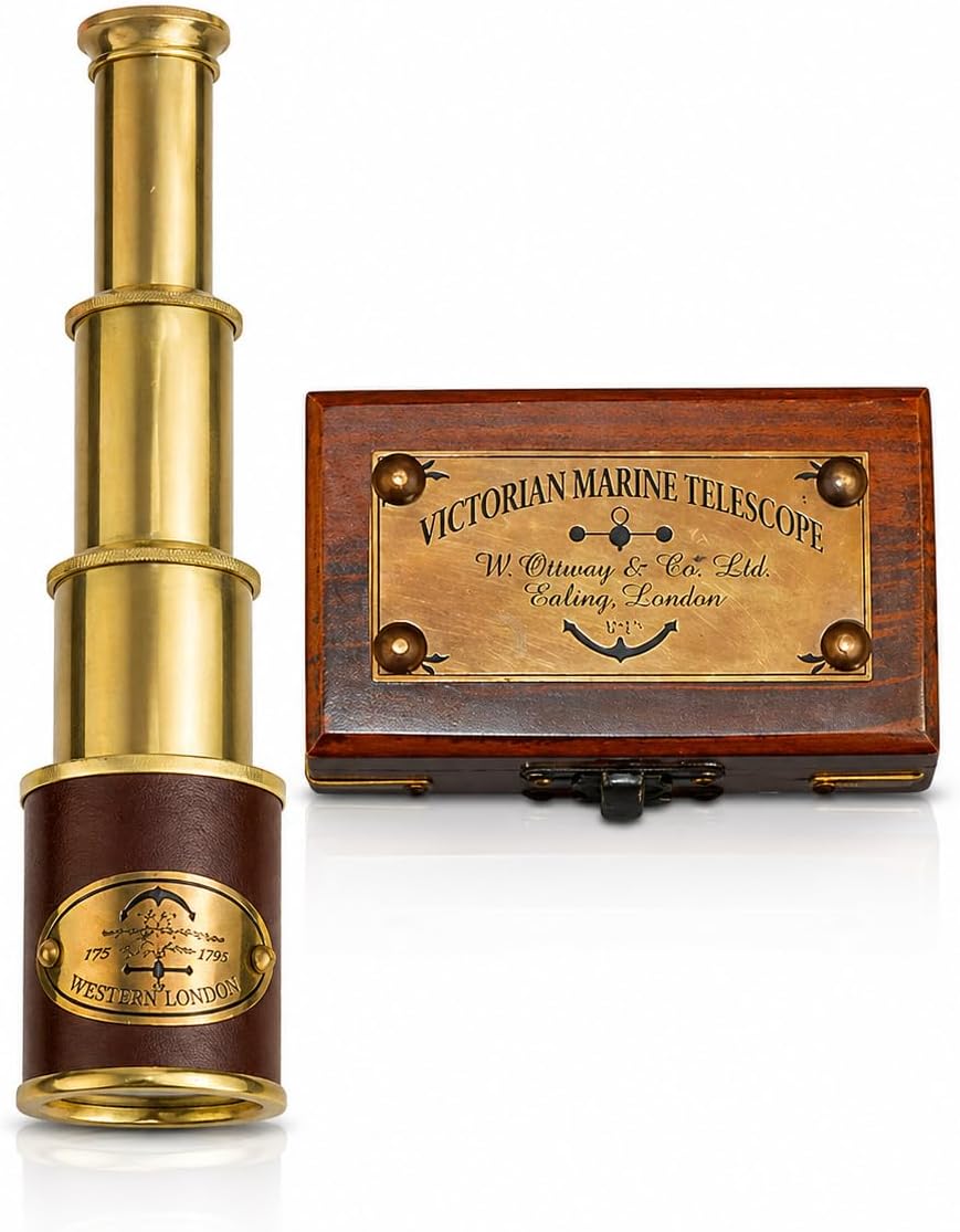 Brass Telescope with Wooden Box, 8 Inch Antique Vintage Nautical Spyglass