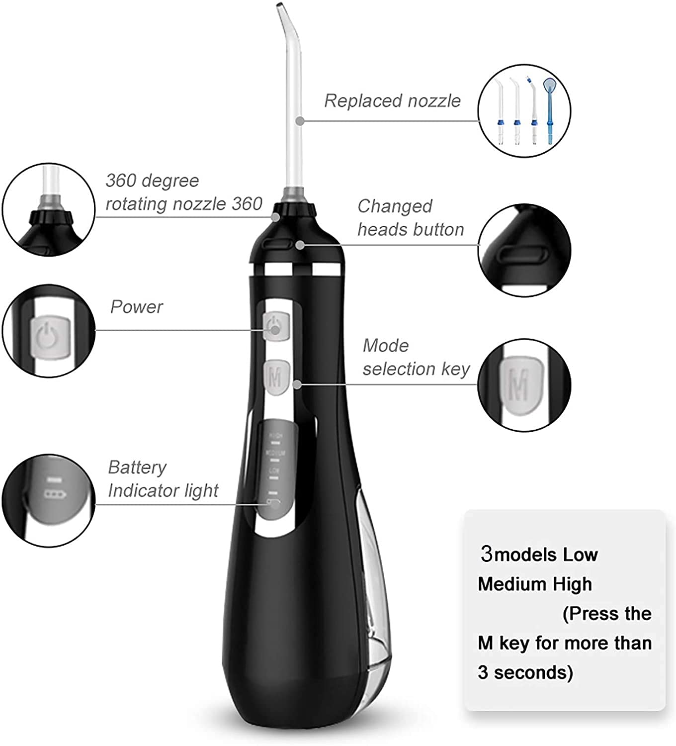 Irrigatore orale portatile del flosser dell'acqua con 3 modalità, 4 punte del jet sostituibili, detergente for i denti impermeabili ricaricabili for la casa e il viaggio -200ml serbatoio staccabi
