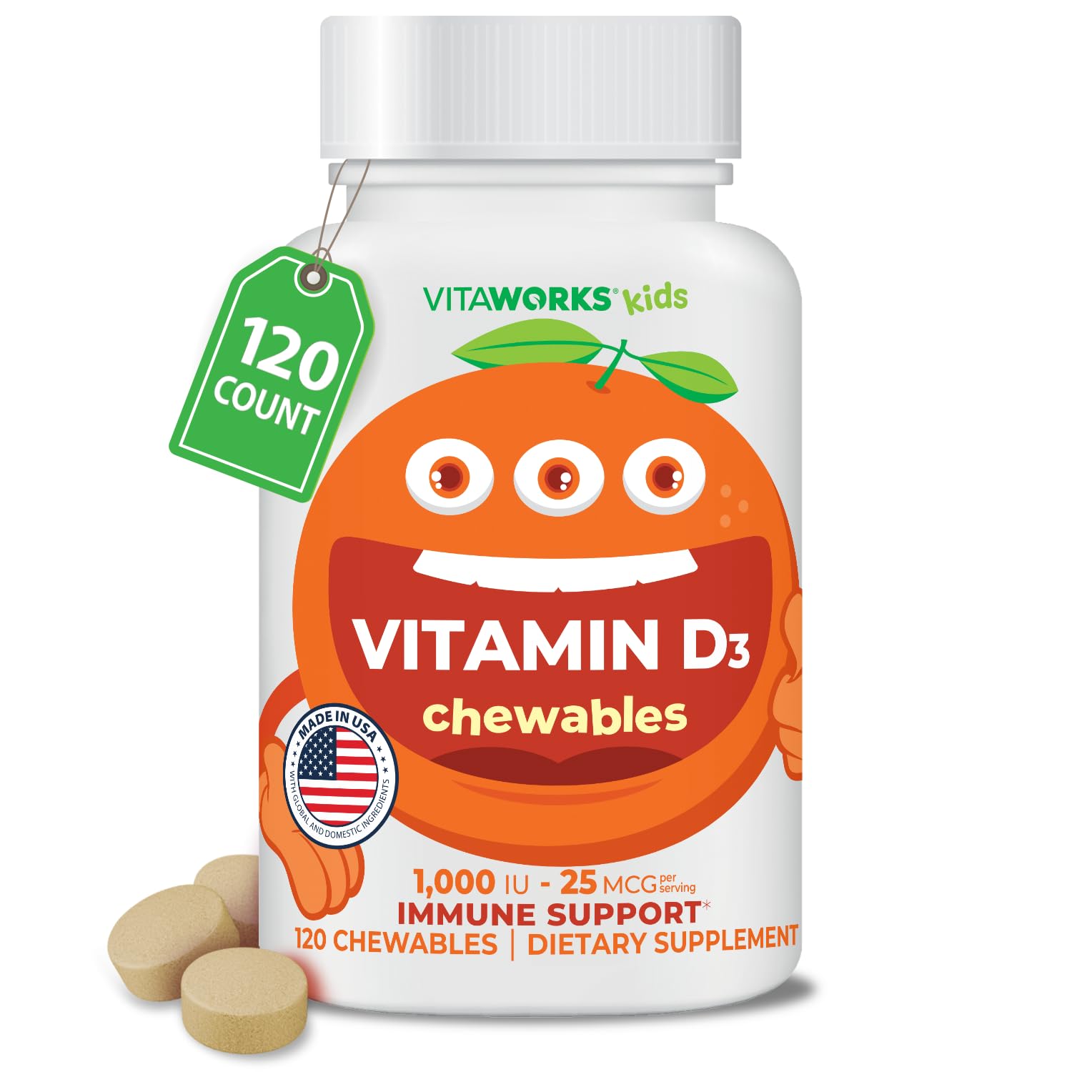 Kids Vitamin D 1000 IU Chewable Tablets - Tasty Natural Orange Flavor - Vegan, GMO-Free, Gluten Free, Nut Free Vitamins - Dietary Supplement for Immune Support - for Children - 120 Chewables