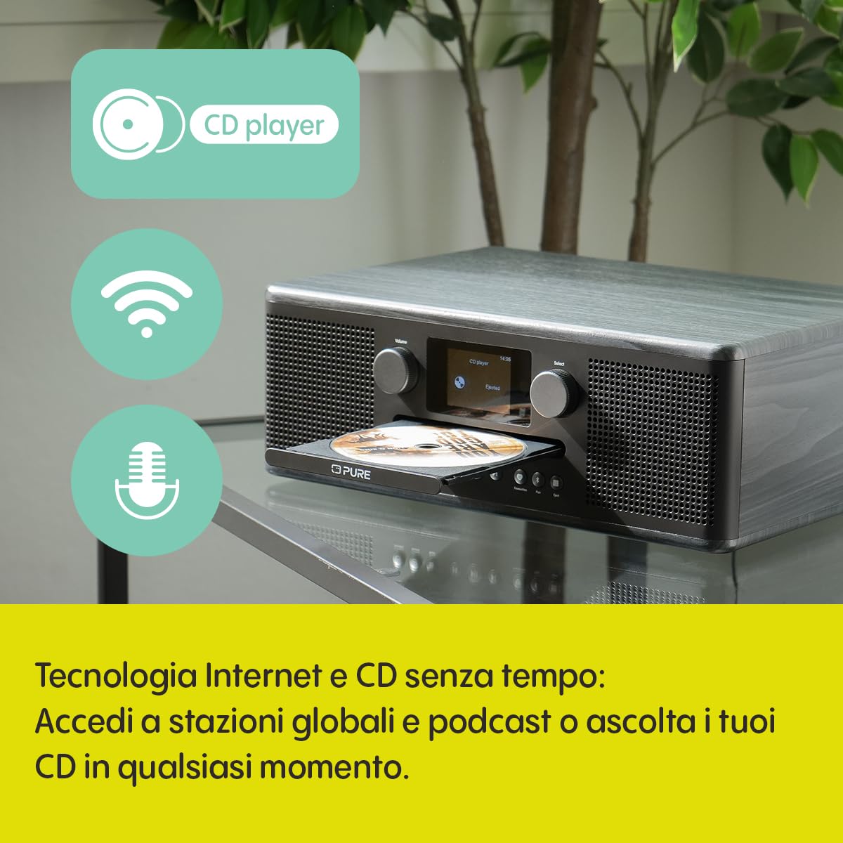 Pure Classic C-D6i Radio Internet All-in-One WiFi DAB+/FM Bluetooth 5.3 Lettore CD USB AUX Audio Stereo 2x15W Display Colori Sveglia Sleep Timer Nero