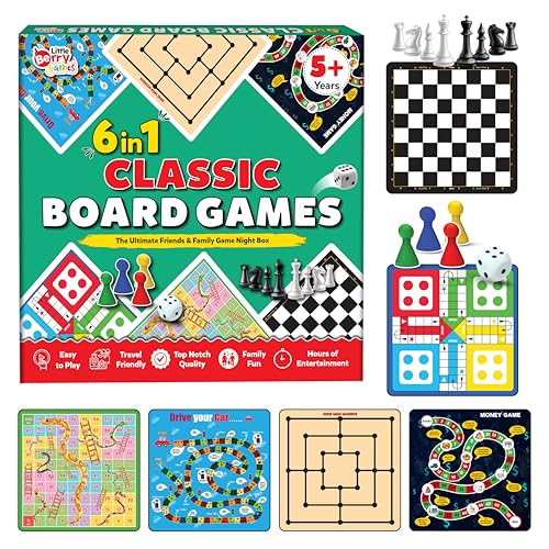 Image of 6 in 1 Classic Board Games Set for Kids & Family | Includes Ludo, Chess, Snakes & Ladders, Checkers & More | Indoor Strategy Games, Travel Friendly Game Kit for 5+ Years