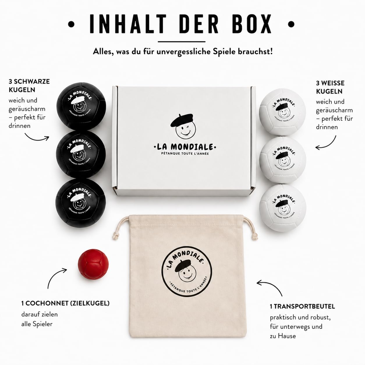 La Mondiale Boccia-Spiel für den Innenbereich – Set mit 6 Kugeln + Zielkugel – für Kinder & Erwachsene – auf allen Oberflächen verwendbar – lustige Geschenkidee