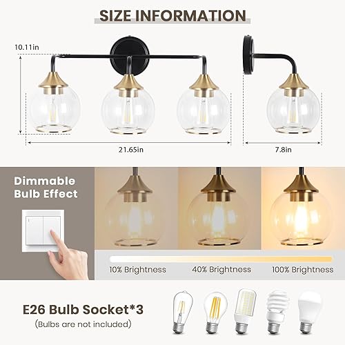Miniatura 10 de Lámpara de tocador dorada de 3 luces modernas para baño sobre espejo, lámparas de baño de latón cepillado, apliques de pared de granja con pantalla