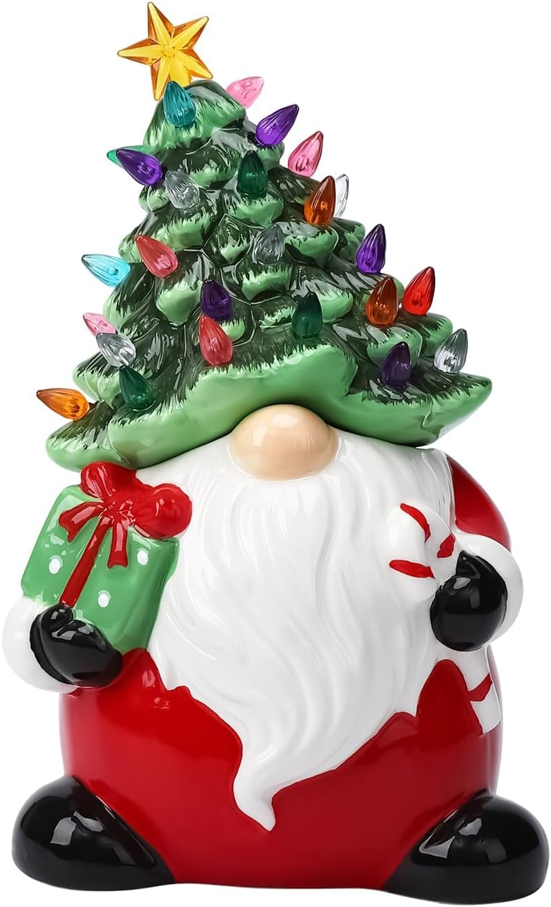 Garvee 13" Battery Powered Ceramic Santa Christmas Tree with 50 Colorful LED Lights, Vintage Tabletop Decor, Holiday Candy Jar for Home, Desk, Office & Gift