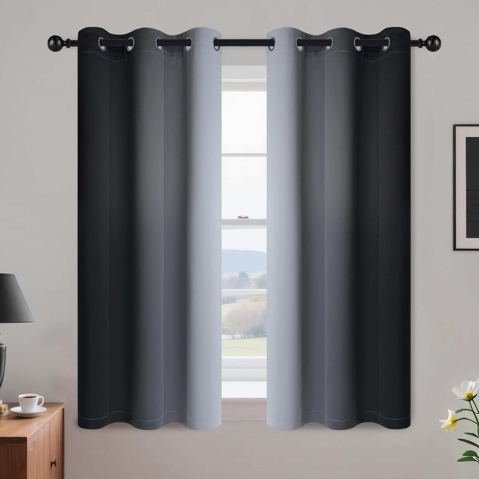 Yakamok Room Darkening Ombre Curtains 54 Inch Length, Black and Greyish White Thermal Insulated Gradient Color Curtains,Light Blocking Grommet Window Drapes for Bedroom,42 Inch Width,2 Panels โ image 1