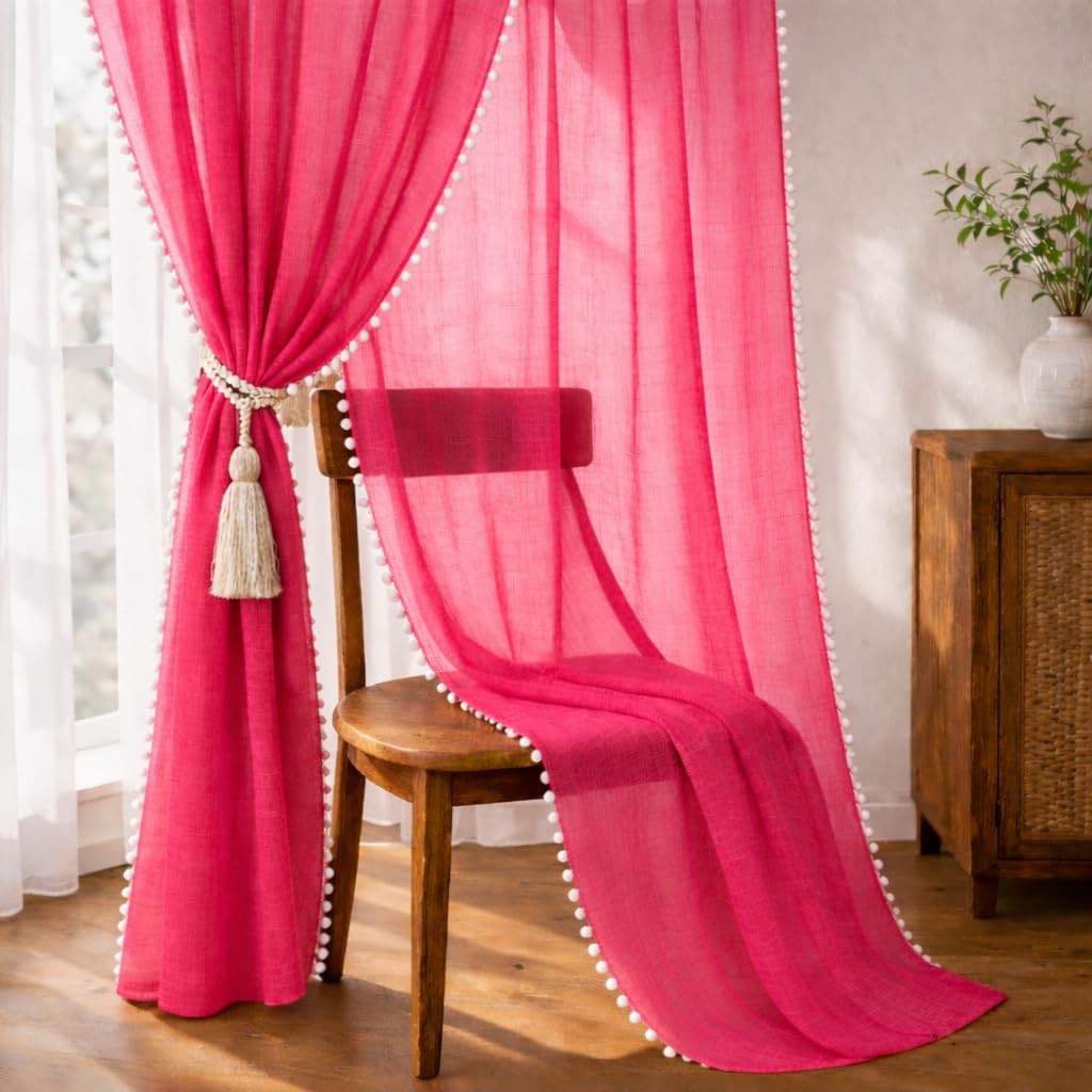 THE LINEN COMPANY Window Curtains Sheer Cotton Curtains with Pom Pom Lace Rod Pocket Transparent Net Curtains for Window Curtains Door Curtains Pink 7.5 Ft Pack of 2