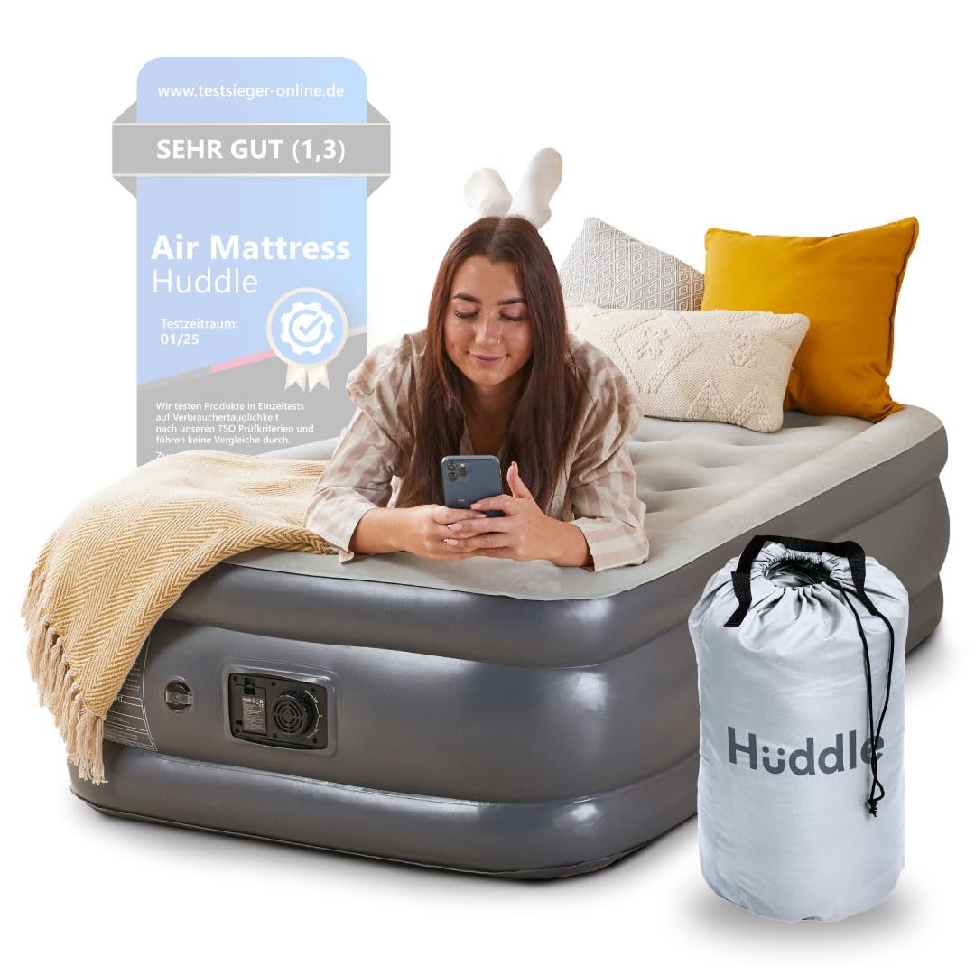 Huddle Lite – Materasso Gonfiabile con Pompa Integrata - Materasso comodo con superficie morbida e altezza rialzata – perfetto per campeggio, ospiti, o camere extra (Singolo/Doppio/Matrimoniale)