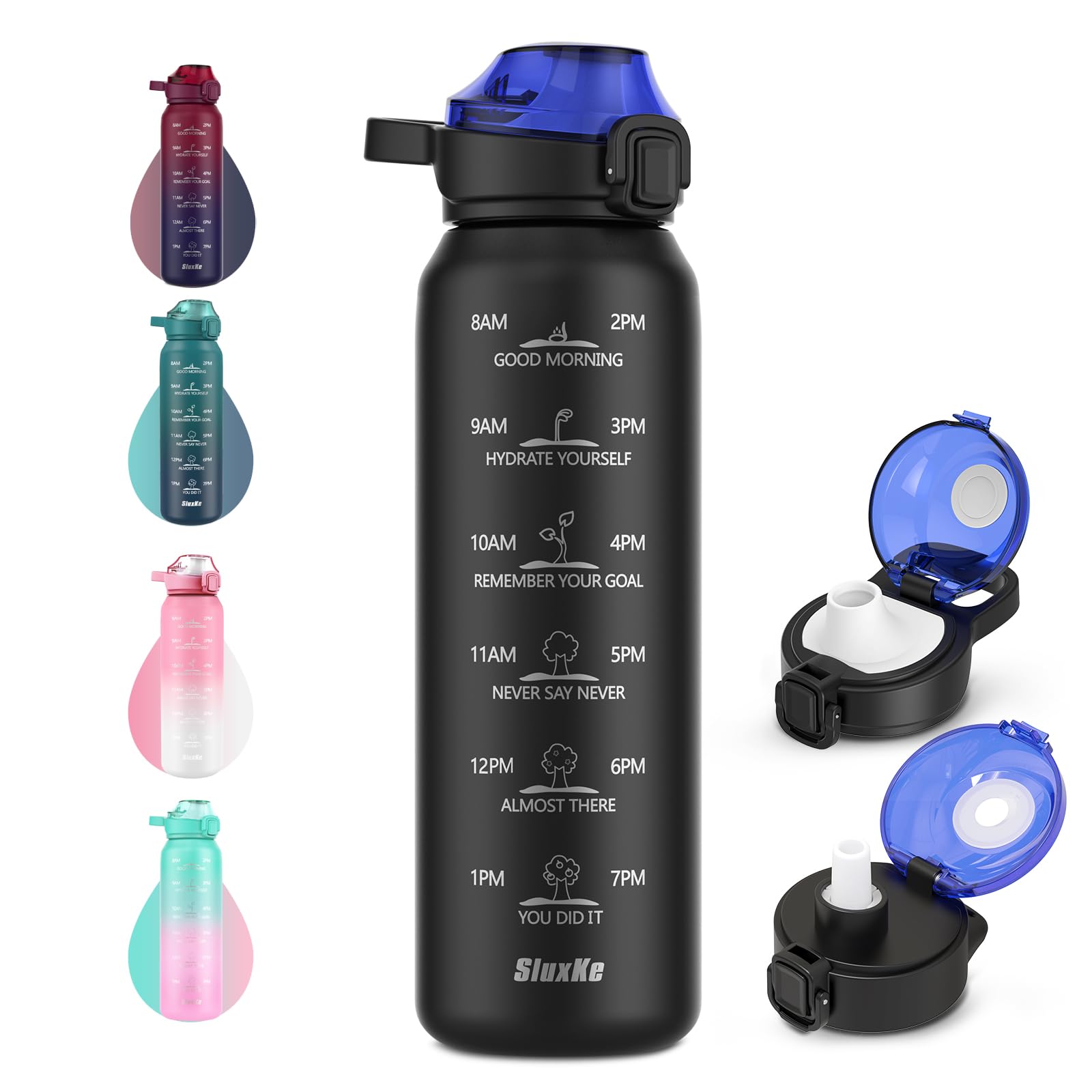 SLUXKE Borraccia Termica 1 Litri con Handle | Metallo Acciaio Inox Boraccia con Indicatore Del Tempo 1000ml, Senza BPA, Tenuta Stagna Borraccia per Sport, Escursioni, e Camping Nero