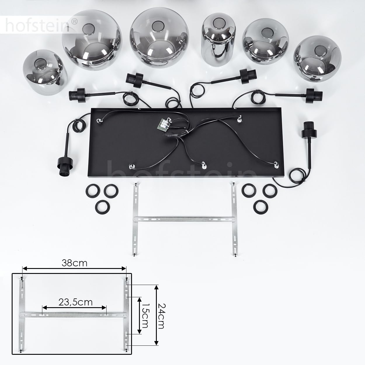 Exploded view of Hofstein Talok H3669037 suspension lamp components, including ceiling plate, glass shades, and mounting bracket