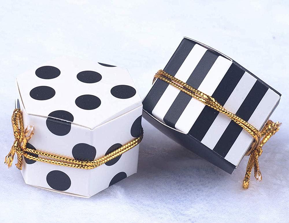 Treat Boxes Hexagon Stripes Candy Boxes bulk Polka Dot Favor Boxes Small Goodie Boxes With Rope And Tags Black White Candy Boxes For Baby Shower/Birthday/Wedding/Tea Party - 2"x 2"x 1", Pack of 50