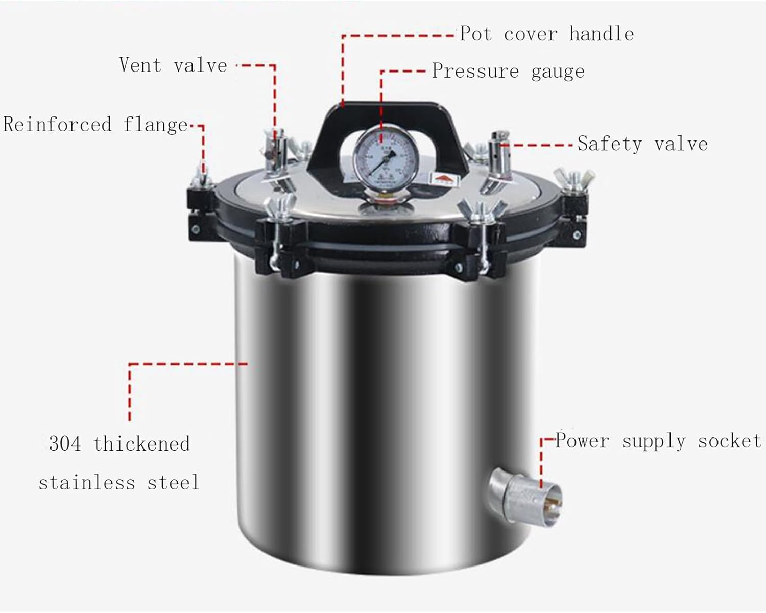 Sterilizzatore Portatile per Autoclave A Vapore in Acciaio Inossidabile con 2 Valvole, Sterilizzatore A Vapore Ad Alta Pressione Anti-ustione A Secco per Laboratori, 24L