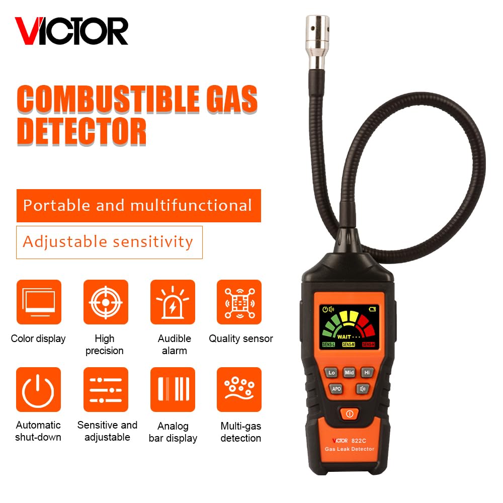 VICTOR 822C 822D lpg Gas Leak Detector Analyzer Combustible Flammable Natural Air Tester Visible Audible Alarm Smart Sensor(VICTOR 822C)