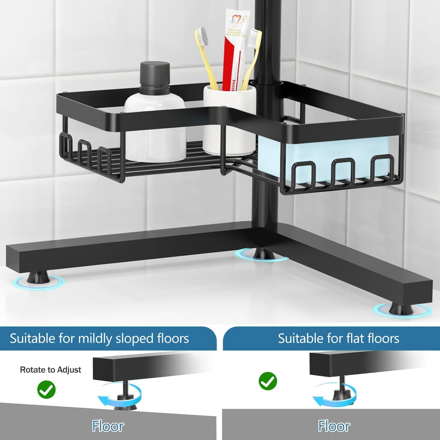 KEGII Standing Shower Caddy Corner, 3 Tier Adjustable Shelves Rustproof Floor Shower Organizer with 18 Hooks and Adjustable Feet, Bathroom Corner Shelf Rack, Black