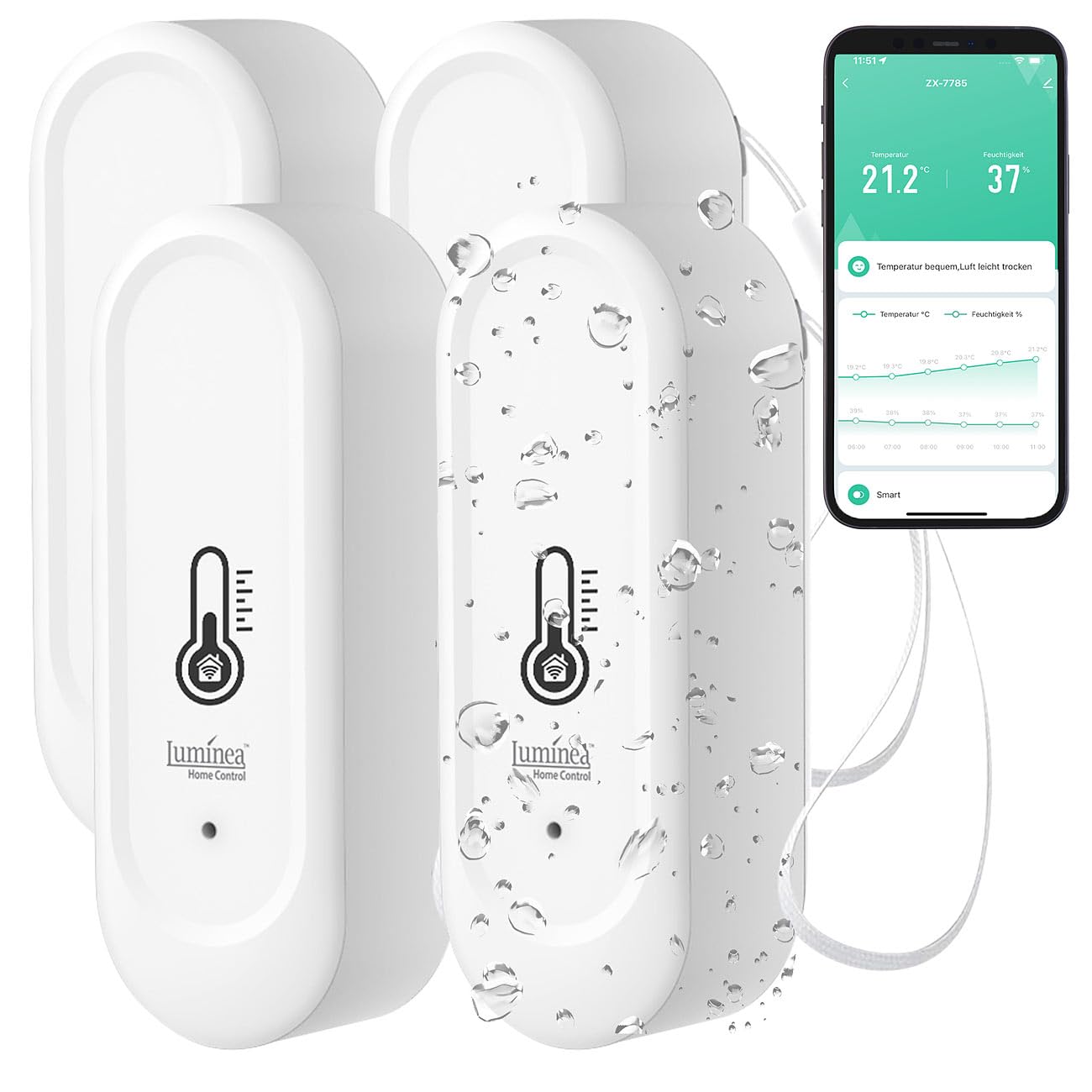 Luminea Home Control Temperatur Sensoren: 4er-Set WLAN-Außen- und Innen-Temperatur- und Luftfeuchtigkeitssensor (Thermometer Funk, Thermometer Hygrometer Funk, WC)