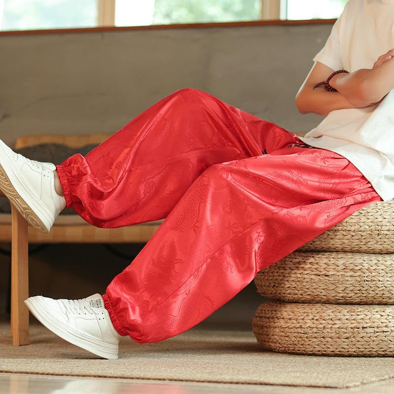 Pantalon motif dragon coupe ample style chinois léger décontracté