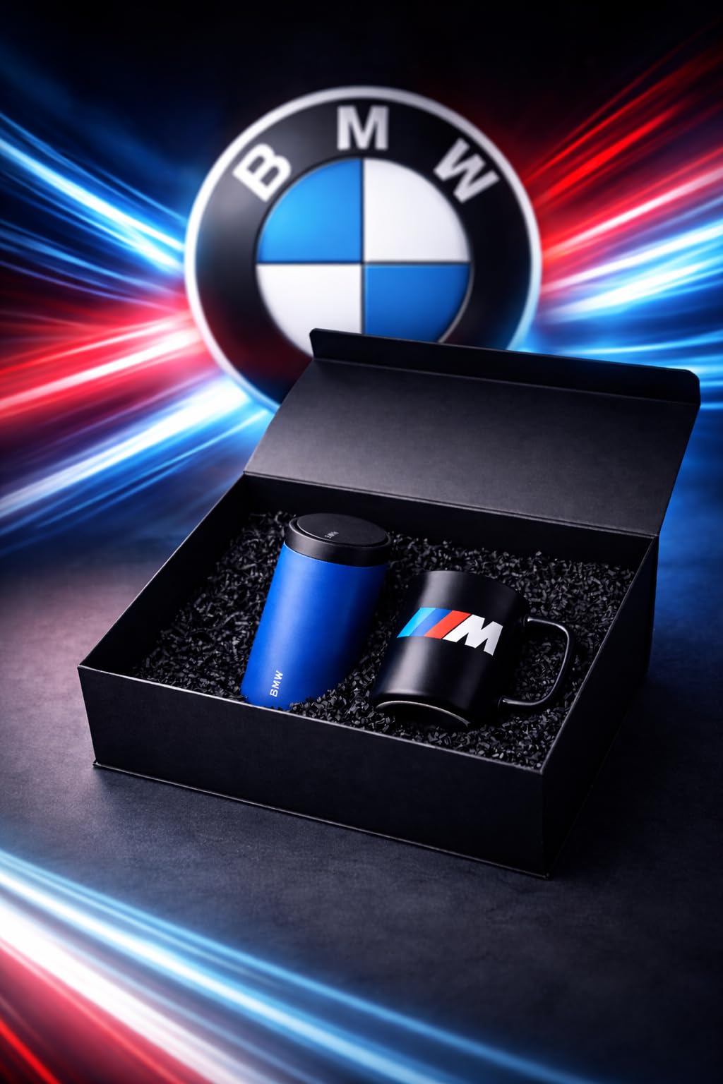 BMW M Motorsport Geschenkset Herren – Geschenkbox mit Thermobecher & Tasse – Lifestyle Auto Fan Geschenkidee Männer – hochwertiger Kaffeebecher To-Go & Keramiktasse Set - Geschenk-Set