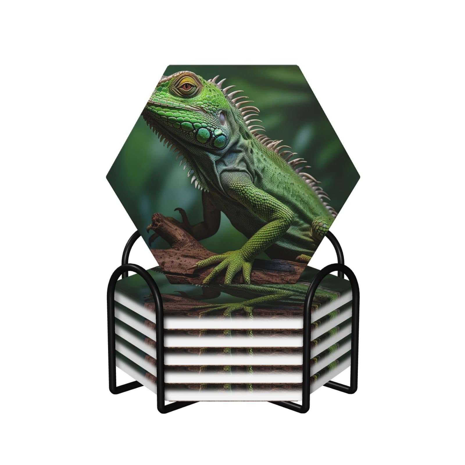 Drink Coasters Set of 6 Non-Slip Ceramic Coasters with Holder Green Lizard on Tree Coasters for Drinks Tabletop Protection Cups Mugs Mat Pads for Coffee Table Bar Home Decor