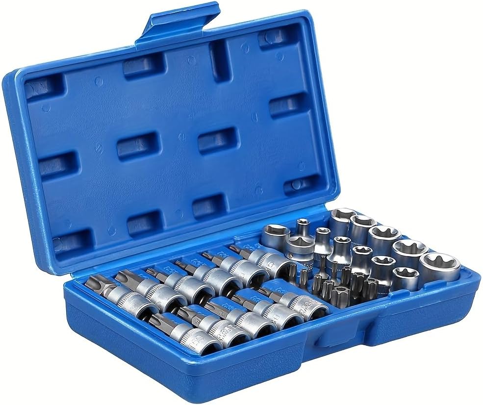 34-Piece Torx Star Bit Socket Set - T5-T50 Male & Female Drive Hand Tool Kit with Storage Case for Cars, Trucks, Machinery