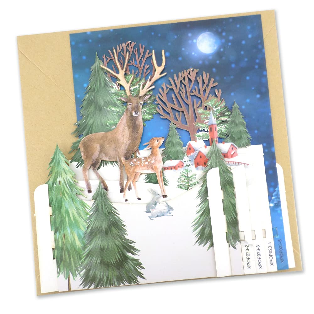 Majestic Snowy Stag & Fawn 3D Pop Up Christmas Greeting Card by Alljoy Cards XPOP023, Winter/Snow, 15cm x 15cm - Image 2