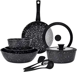Conjunto Premium de Panelas Cerâmicas com Cabo Removível, 8 Peças, Revestimento Antiaderente, Preto Granito, Inclui Caçarolas 26/20cm, Frigideira 26cm, Panelas 20/16cm, Utensílios