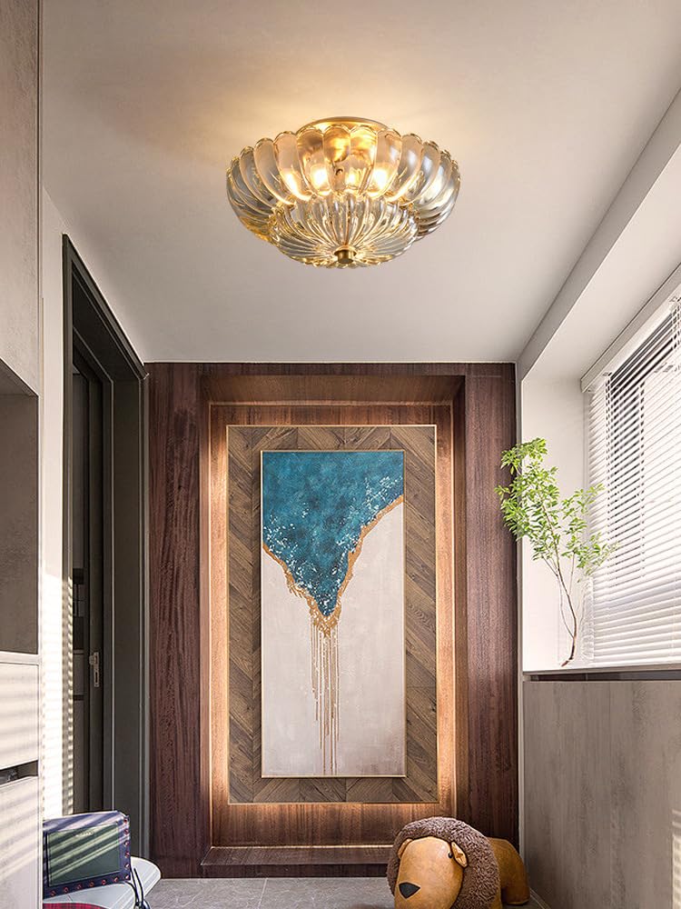 Plafonnier en Verre Cristal 30cm Style Rétro Monté en Surface Luminaire E27 3 Lumières Base en Métal Doré Idéal pour Salon Chambre Couloir Salle à Manger