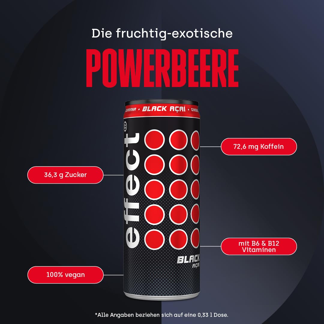 effect BLACK ACAI Energy Drink – Tray mit 24 x 330 ml Energy Dosen Einweg, Koffeinhaltiges Erfrischungsgetränk mit B-Vitaminen – fruchtiger & exotischer Acai Geschmack, vegan