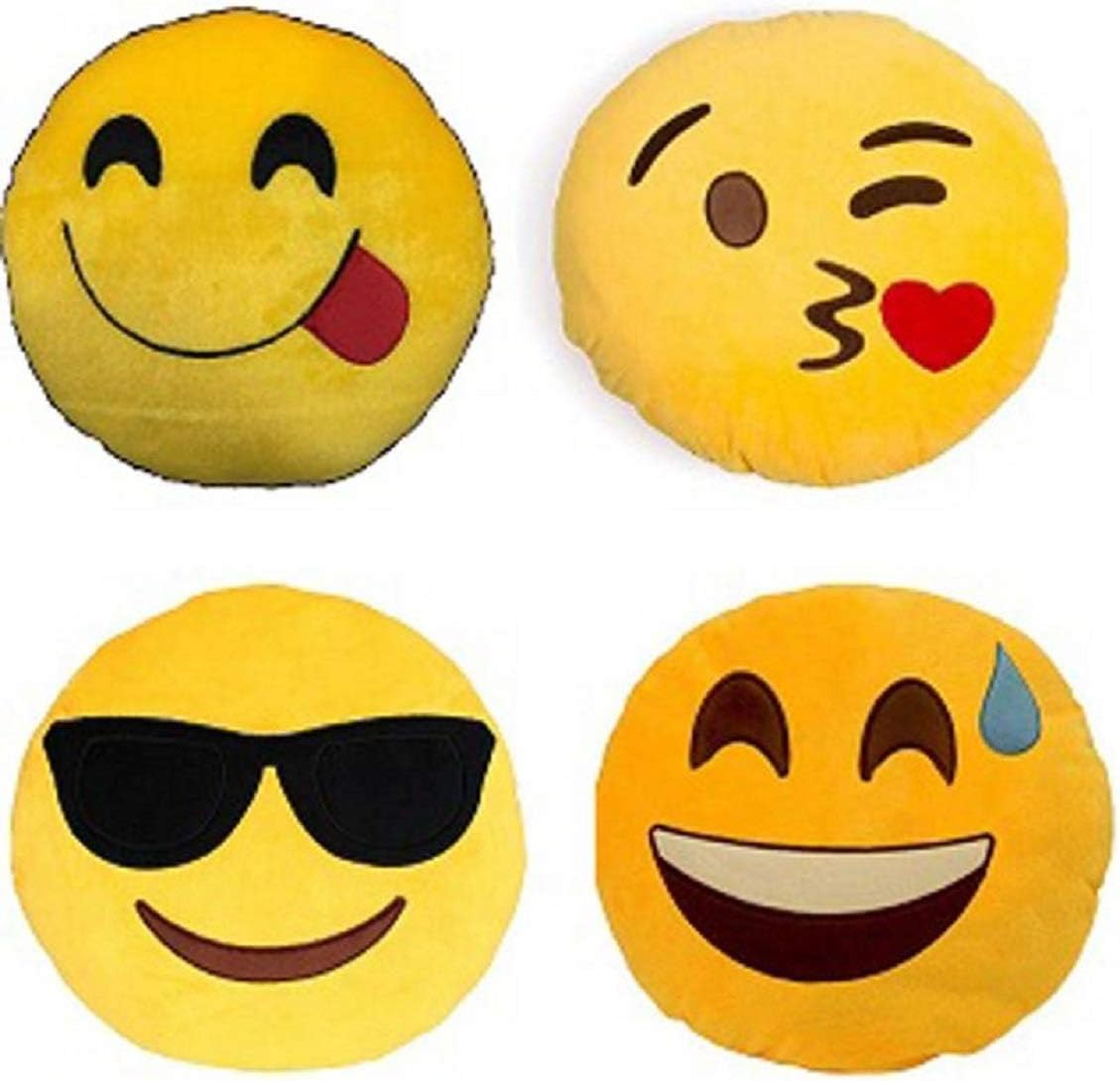 Supreme Home Collective Plush Emoji Velvet Soft Round Foodie, Kiss, Cool, Sweat Decorative Cushion (Yellow, 12x12 inches) Pack of 4