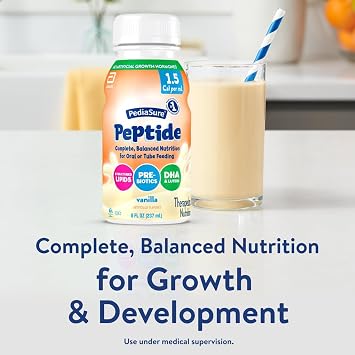 PediaSure Peptide 1.5 Cal, Peptide-Based Formula, Complete, Balanced Nutrition for Oral or Tube Feeding, Vanilla, 8-fl-oz Bottle, Pack of 24