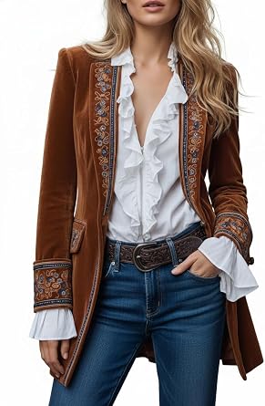 Womens Velvet Open Front Jacket Blazer Vintage Floral Embroidered Cardigan Elegant Fall Long Sleeve Outfits