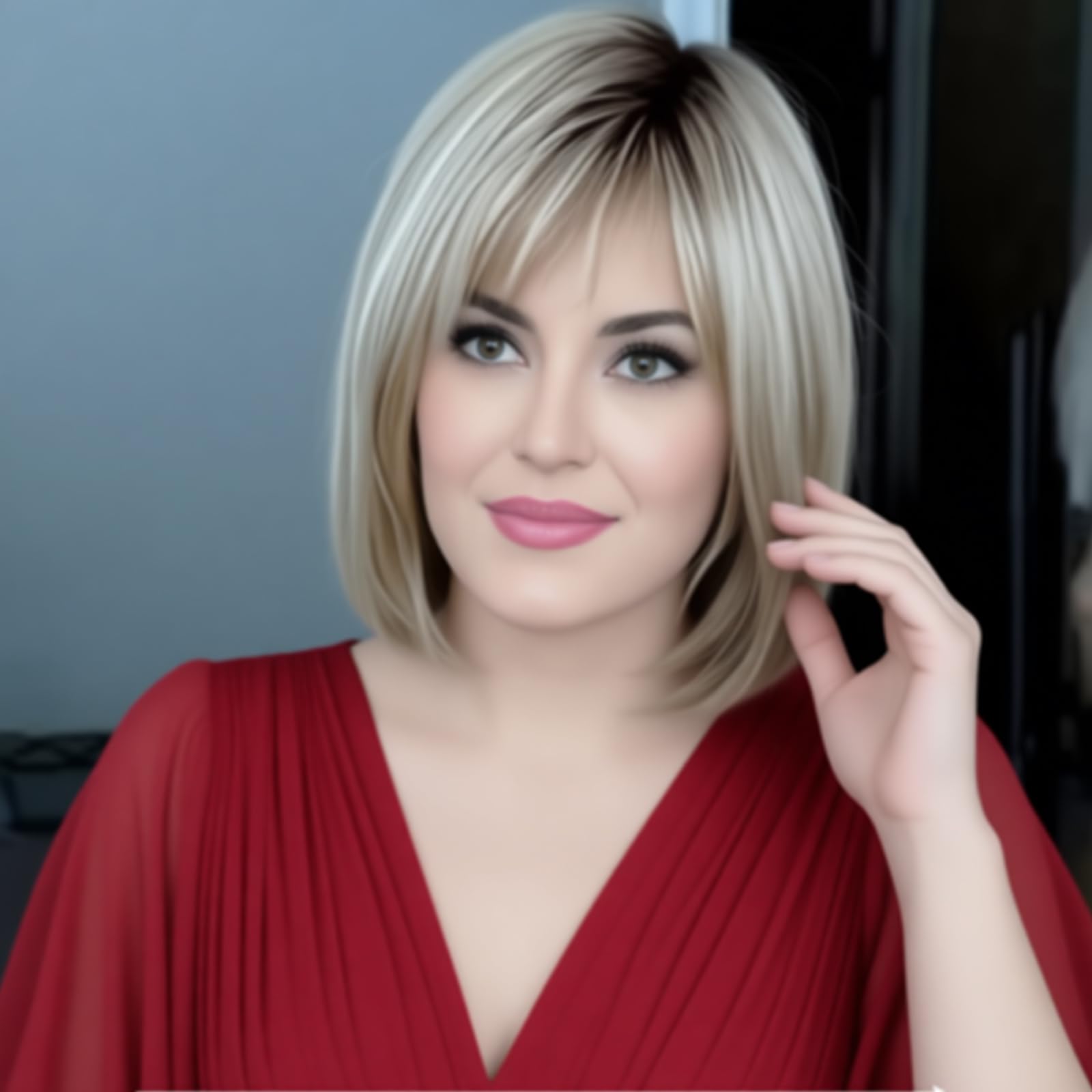 RENERSHOW Blonde Highlight Short Pixie Bob Wig with Bangs Straight Ombre Blonde Synthetic Wig with Dark Roots Layered Blonde Wigs for Women Medium Bob Daily Party Wig