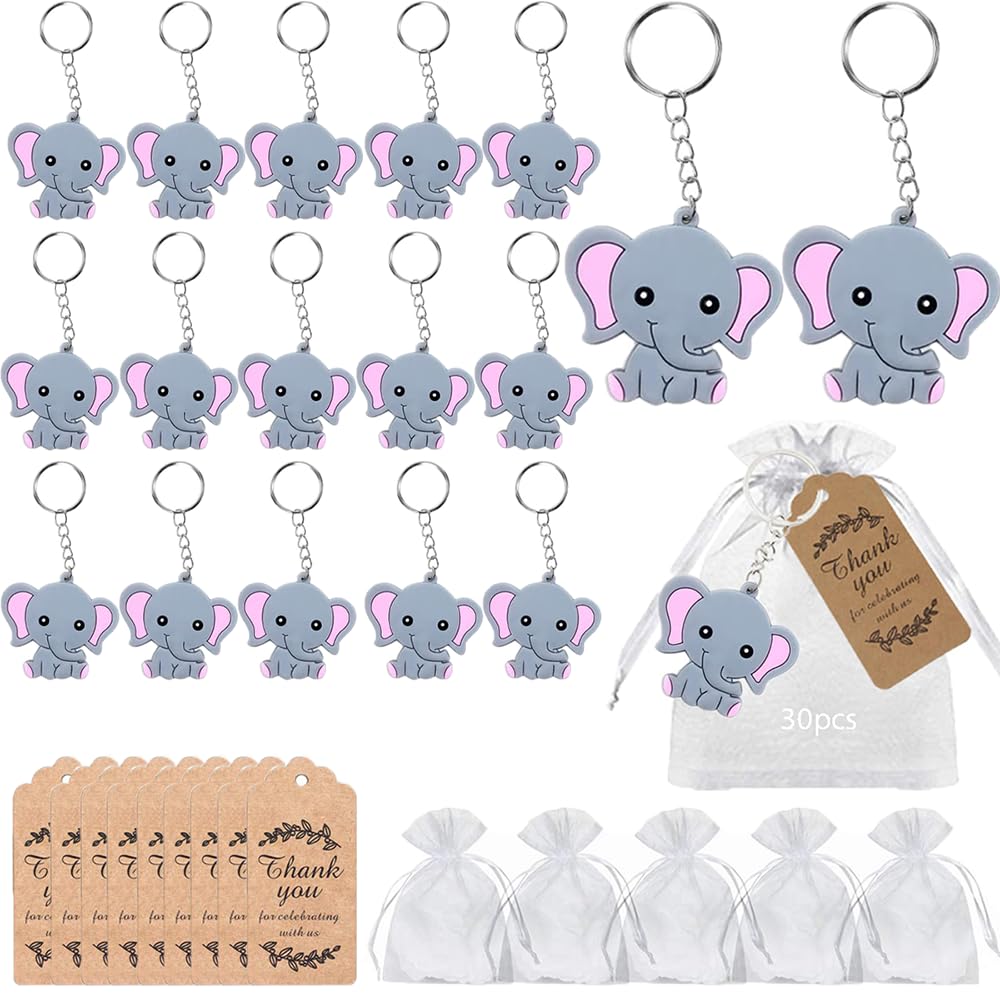 RXKFIGX 30 Stücke Gastgeschenke Taufe Elefanten-Schlüsselanhänger + Organza Beutel + Kraftpapier Anhänger Tier Anhänger Thank You Danke Geschenke für Boy Girl Kid Birthday Party Supply Hochzeit Taufe