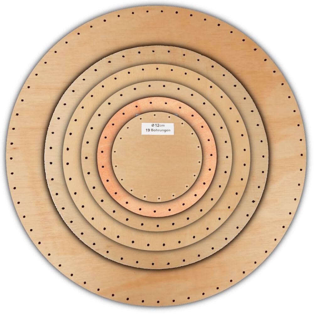 Korbflechtböden rund 6er Set [5] | Ø 12–40 cm | Flechtböden aus Sperrholz mit Bohrungen (3,2 mm) für Peddigrohr | Bastelset Korbflechten, DIY Stakenboden