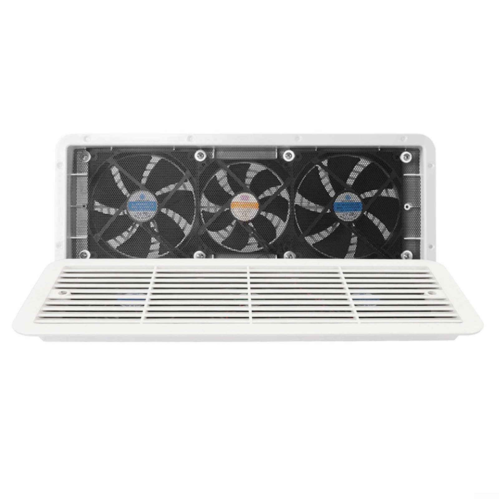 Ventilatore per frigorifero da 12 V, con griglia, 3 ventole in ABS, ventilazione laterale, resistente alle intemperie, silenzioso, per camper, doccia, cucina, magazzino, bianco, dimensioni