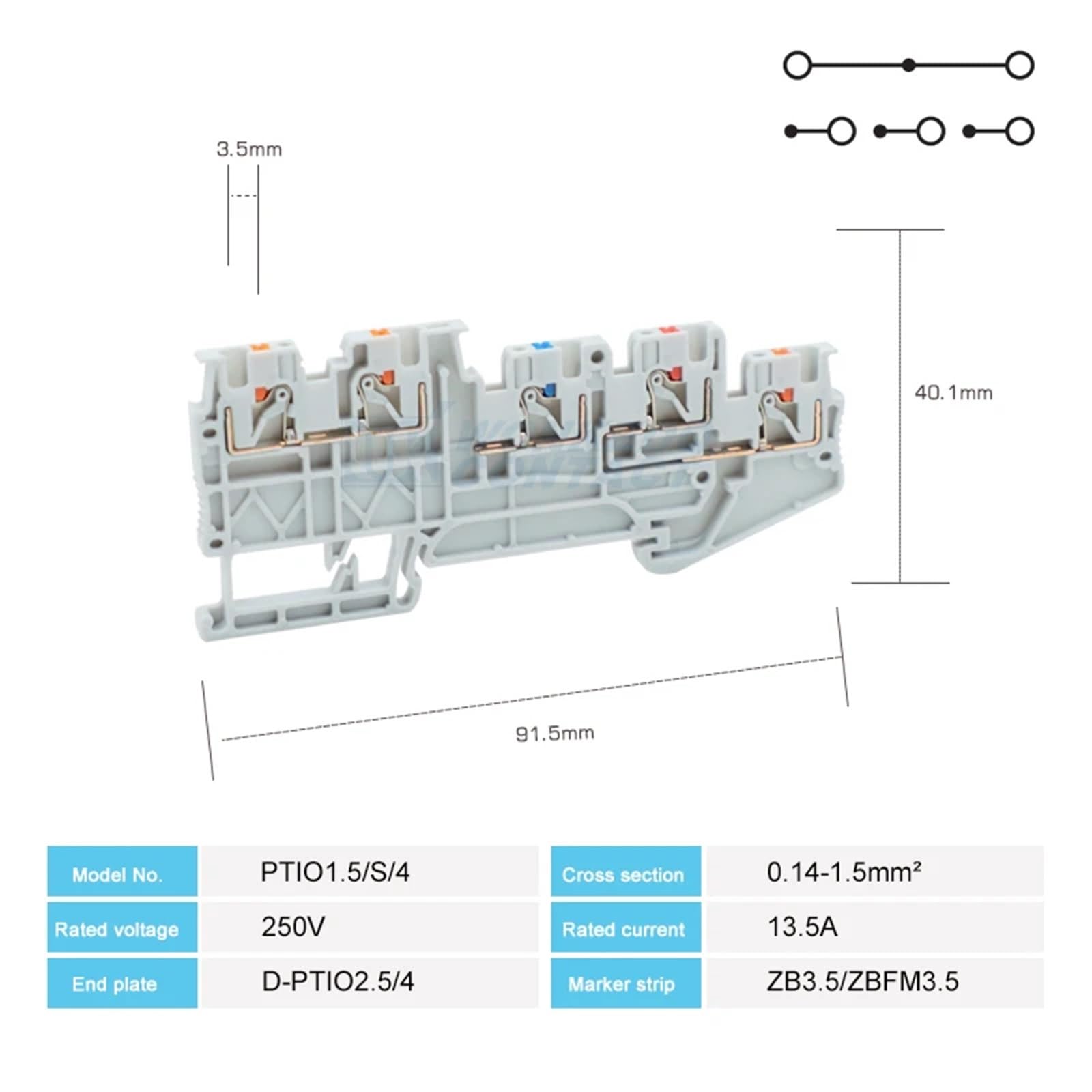 Morsettiera PTIO1.5/S/3 montata su guida DIN, cavo 1,5 mm², connettore filo elettrico, conduttore 3/4, 1 pezzo(PTIO1.5-S-4,1 Pc)