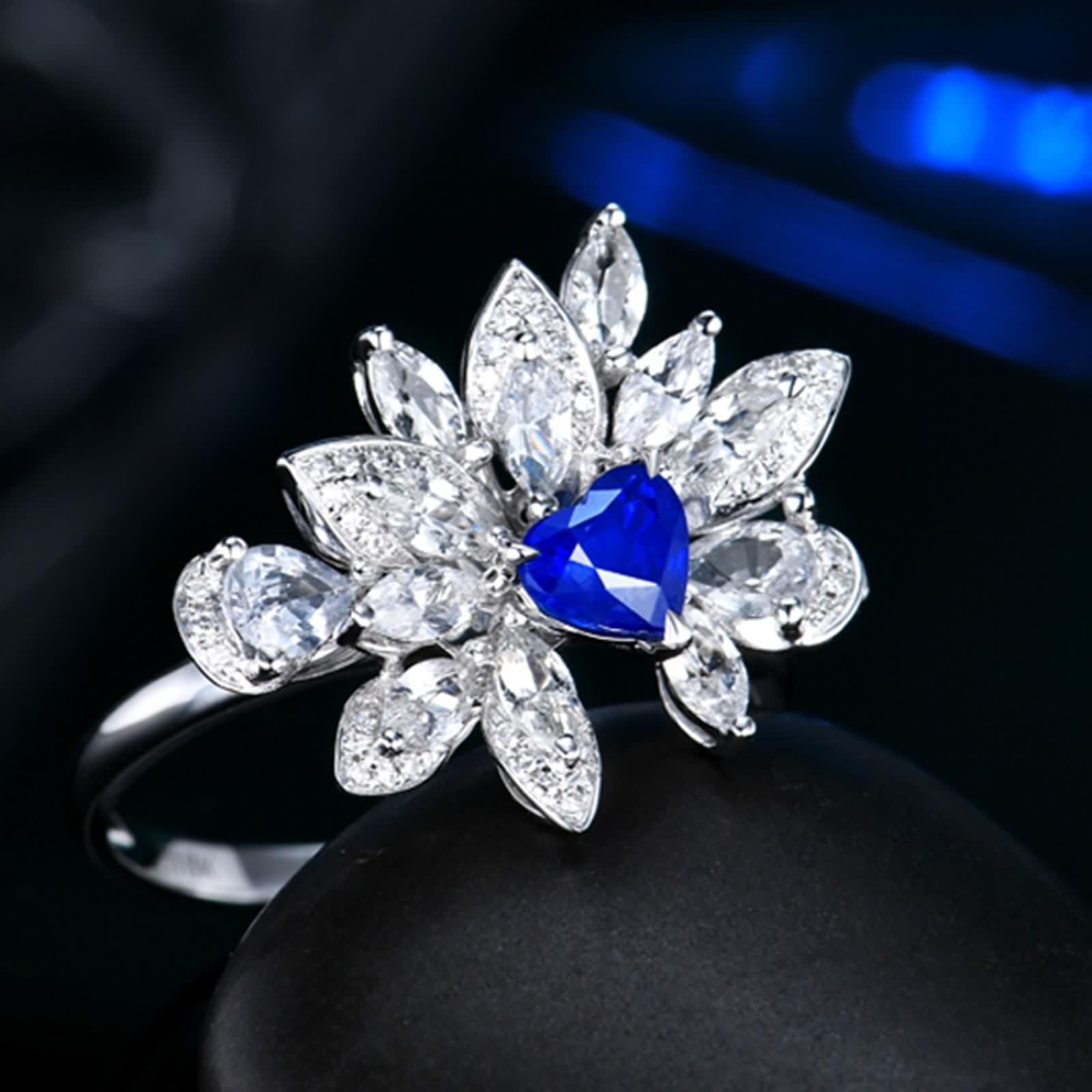 Fedi Nuziali Oro Bianco, Anelli Semplici 18K Blue Lab Ha Creato Zaffiro A Forma di Cuore con Diamante Bianco Regalo Anello di Fidanzamento