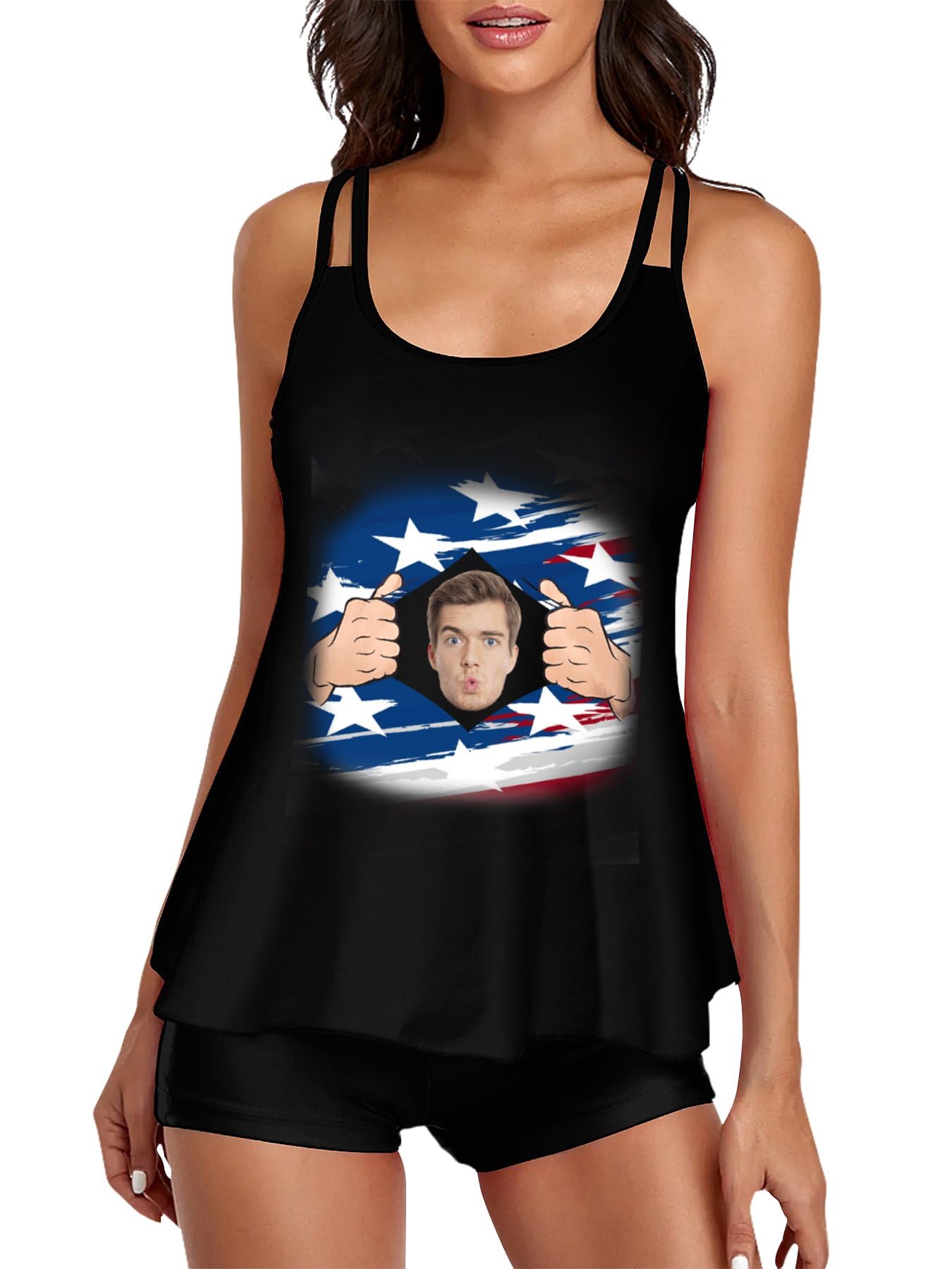 Custom Face Swimsuits for Women Personalized Two Piece Bathing Suits Tummy Control Swim Tank Top with Boyshorts